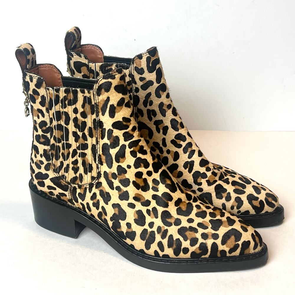 Coach Bowery Leopard Print Haircalf Chelsea Booties Pointed Toe Ankle Boots Sz 6